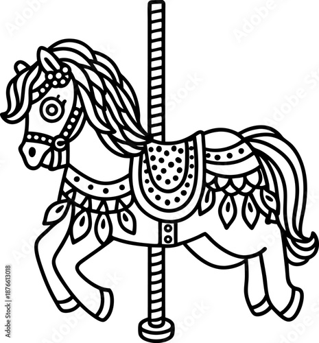 decorative carousel horse illustration in black and white with ornate saddle and mane