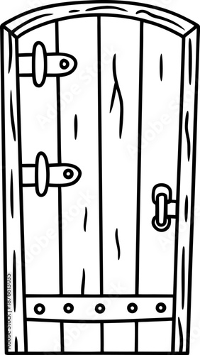 Old wooden door with iron hinges and handle, rustic vintage entrance gate design