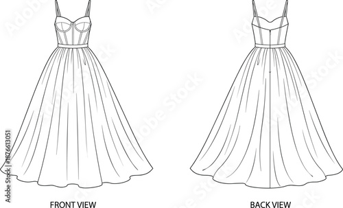 Women sleeveless maxi gown fashion technical flat front and back view elegant long dress apparel illustration vector