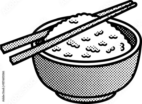 Bowl of rice with chopsticks asian food, simple black and white line art illustration