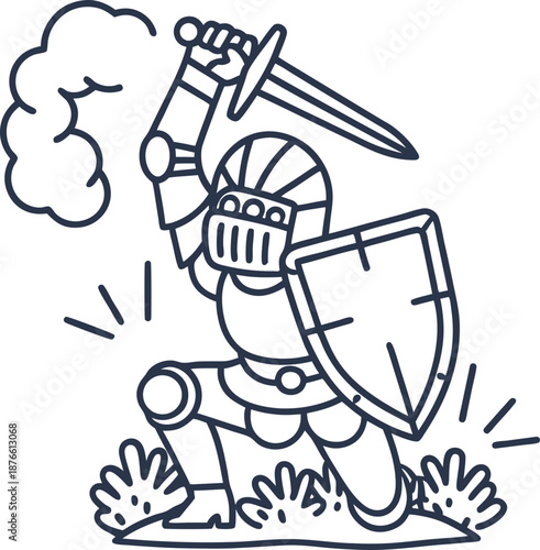 Knight in shining armor defending with sword and shield, medieval warrior in battle stance