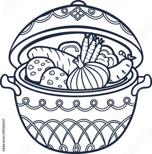 Decorative clay pot filled with assorted vegetables including onion, carrot, sweet potato, and potatoes