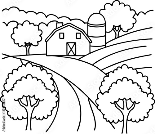 rural farm landscape with barn, silo, trees, rolling hills, and winding road