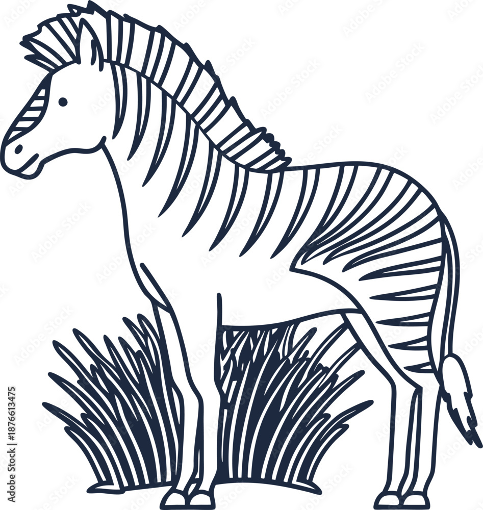 Fototapeta premium hand drawn zebra standing near grass, wild african animal outline illustration