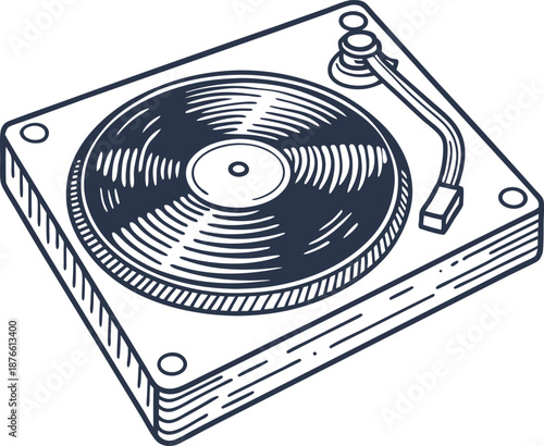 Vintage turntable with vinyl record classic music player with tonearm and needle, retro audio equipment illustration
