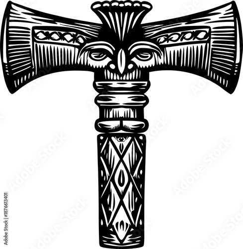 decorative ancient tribal axe with intricate carved patterns and symbolic face design