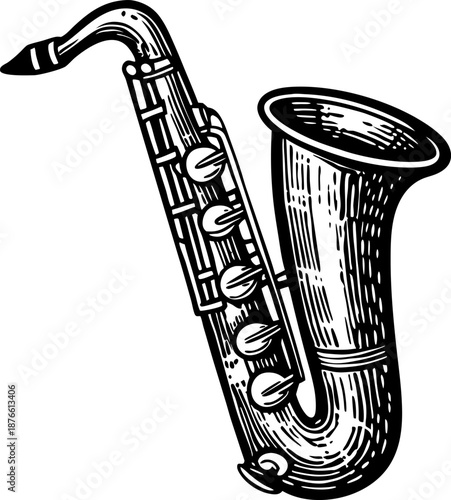 vintage saxophone illustration with detailed keys and curved bell, classic musical instrument drawing