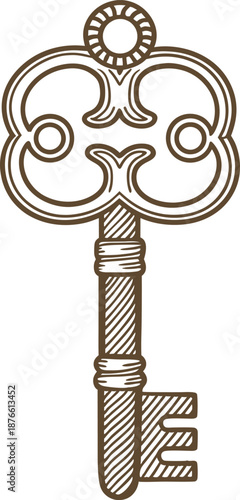 Vintage ornate key illustration with intricate handle and classic design