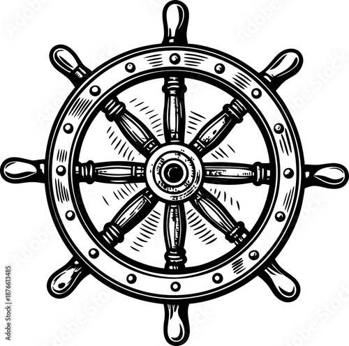 Vintage ship steering wheel illustration in black and white nautical design