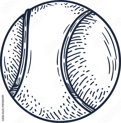 Detailed black and white illustration of a tennis ball with texture and stitching lines