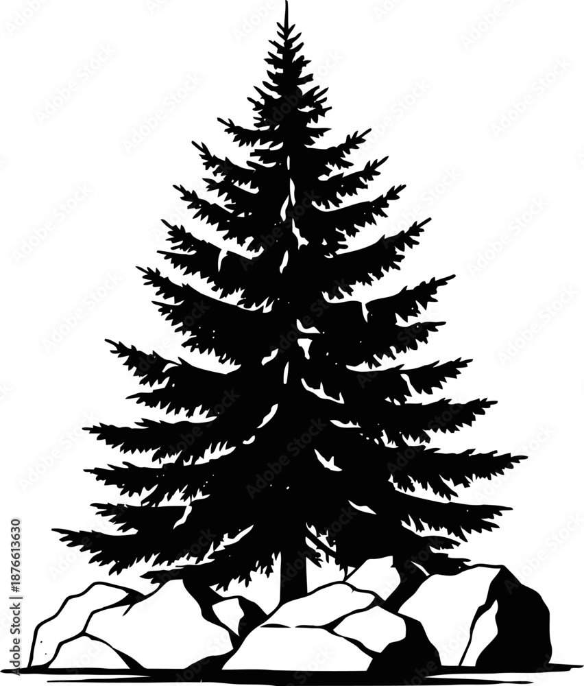 Obraz premium Silhouette of a pine tree surrounded by rocks on white background, nature and outdoors concept