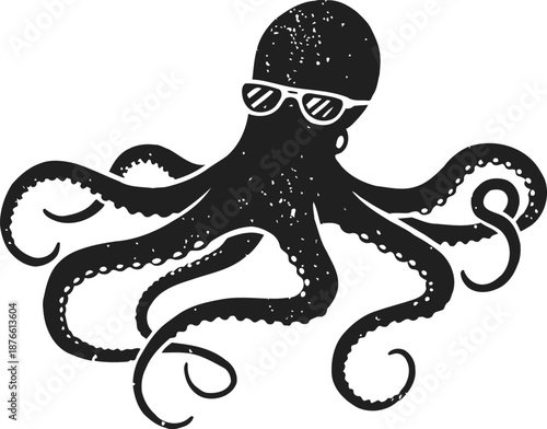 Cool octopus wearing sunglasses with curled tentacles underwater creature design