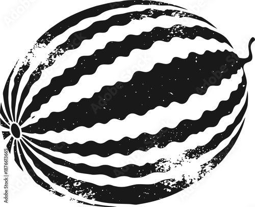 Illustration of striped watermelon with textured details in black and white design