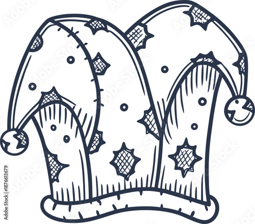 Jester hat with bells and patchwork design, vintage carnival and medieval costume accessory