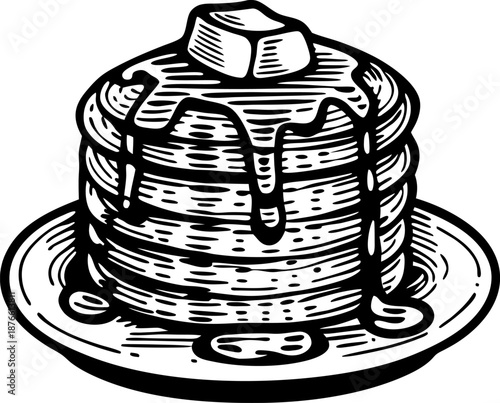 Stack of pancakes with melting butter and syrup dripping over the edges on a round plate