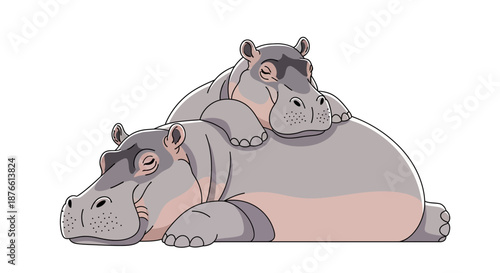 Two Baby Hippos Resting on Mother Hippo.