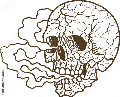 Cracked skull with smoke swirling from eye sockets, gothic horror illustration