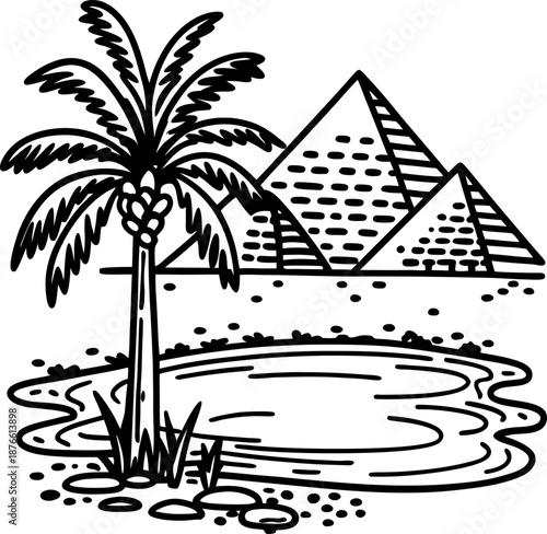 Egyptian pyramids beside a palm tree and oasis desert landscape illustration