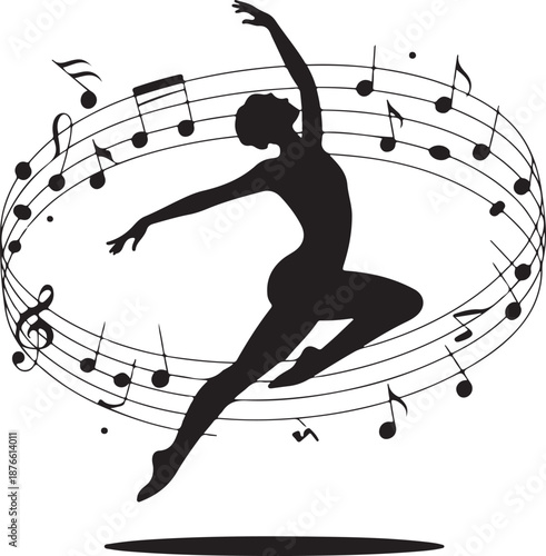 Silhouette of a dancer surrounded by musical notes