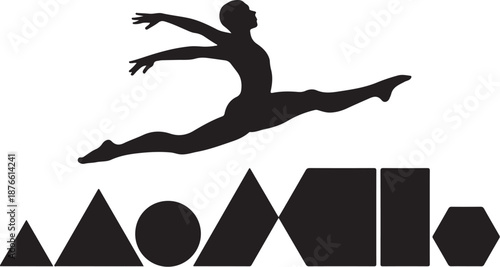 Silhouette of a gymnast performing a split leap with geometric below