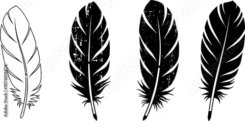 Set of four black and white feather silhouettes with varied textures and details