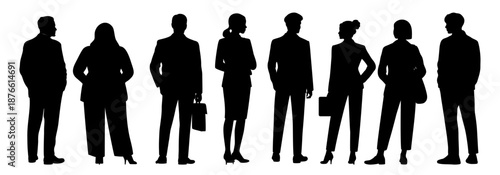 Silhouette illustration of different business professionals in formal attire, standing in varied poses, modern corporate style. Flat vector illustrations isolated on transparent background.