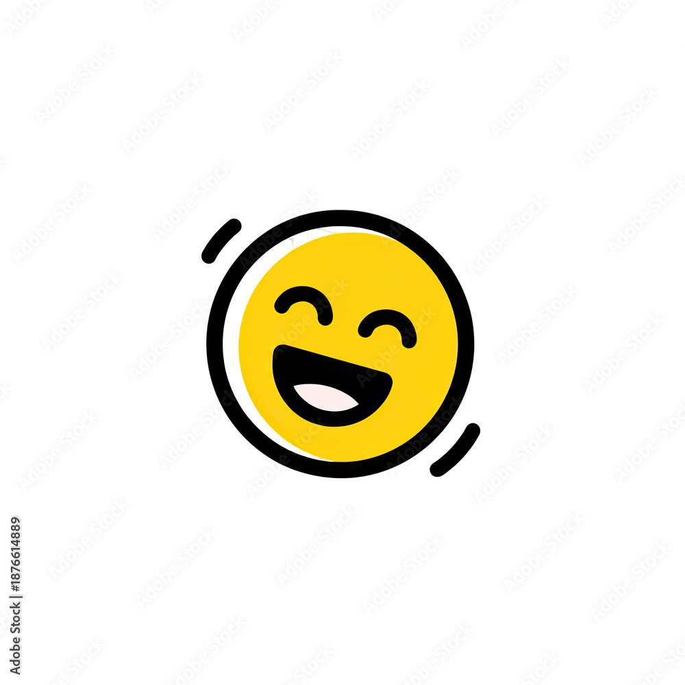 Fototapeta premium A smiling yellow circle with open eyes and mouth against a solid black background