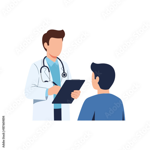 Doctor consulting patient with medical record, white background