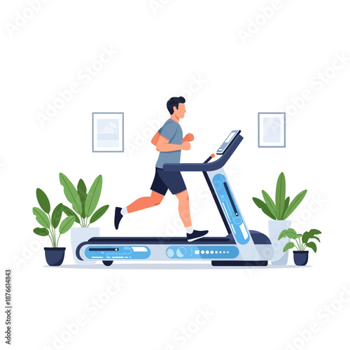 Man running on modern treadmill in home gym with plants and framed art