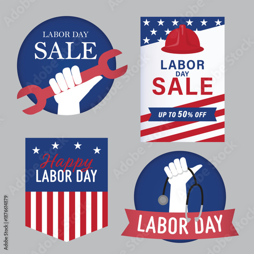 Labor Day sticker and label vector set for American holiday celebration. Suitable for branding, promotion, packaging, posters, banners, and printable designs.