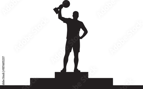 Silhouette of a person holding a trophy and a basketball on a pedestal