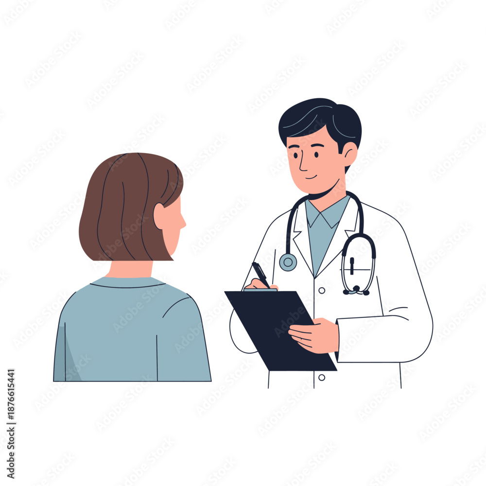 Fototapeta premium Doctor Consults Patient, Writing Notes on Clipboard, Medical Checkup