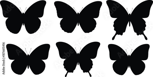 Stylized butterfly silhouette set, black wing shape variations, lower wing morphology, insect vector graphic, nature illustration