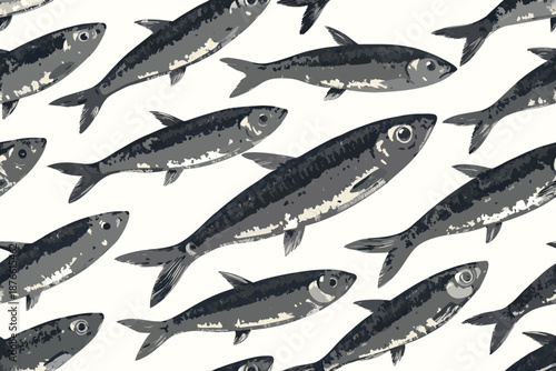 Vivid Hand Drawn Anchovy Silhouette Pattern Vivid