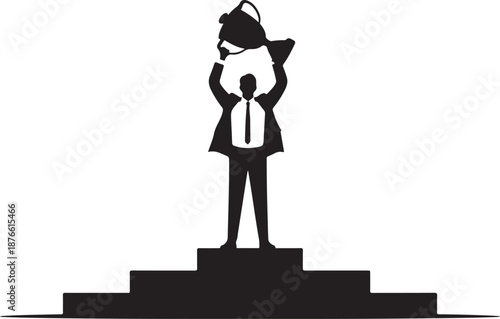 Silhouette of a person holding a trophy on a pedestal