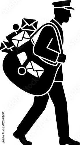 Postal worker silhouette carrying heavy sack of letters