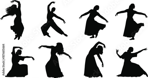 Stylized dancer silhouette set, expressive modern poses, black figure motion, contemporary dance graphic, vector art illustration