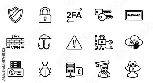 A comprehensive set of outline icons representing various aspects of cybersecurity, data protection, and digital safety for modern applications.