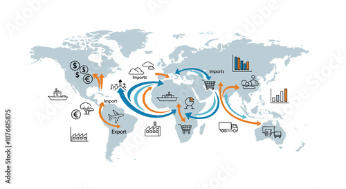 Dynamic global supply chain illustration on a world map, depicting international trade, logistics, and interconnected business operations.