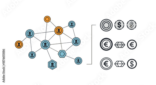 This intricate vector illustration depicts a connected network of diverse individuals alongside various currency symbols, representing global financial and social interactions.