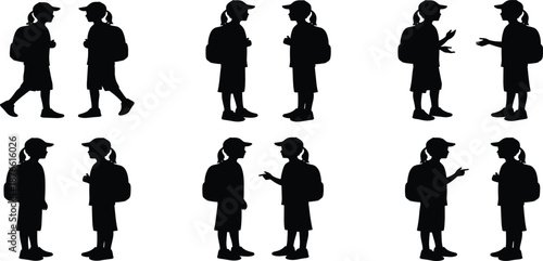 Black Silhouette Set of School Children with Backpacks, Young Students Talking and Walking Together for Education Learning and Childhood Vector