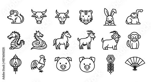 A captivating collection of Chinese zodiac animals and cultural symbols, presented as elegant line art illustrations for diverse design projects.
