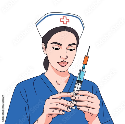 Asian female nurse preparing a syringe for injection, conveying healthcare professionalism and medical care for hospital presentations, health clinic materials, and vaccination campaigns