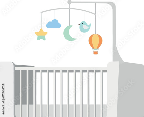 Adorable baby crib with a cheerful nursery mobile decorated with a celestial theme including a cloud star moon bird and hot air balloon perfect for infant bedroom decor and childrens
