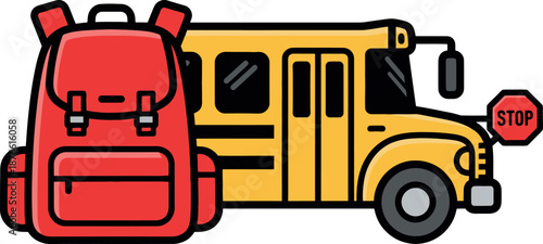 Vibrant red backpack alongside a classic yellow school bus ready for children returning to classrooms, perfect for educational materials or childrens school themed projects and resources.