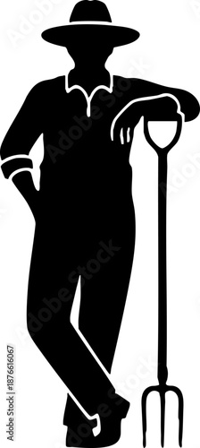 Agricultural worker leaning on a garden fork silhouette icon