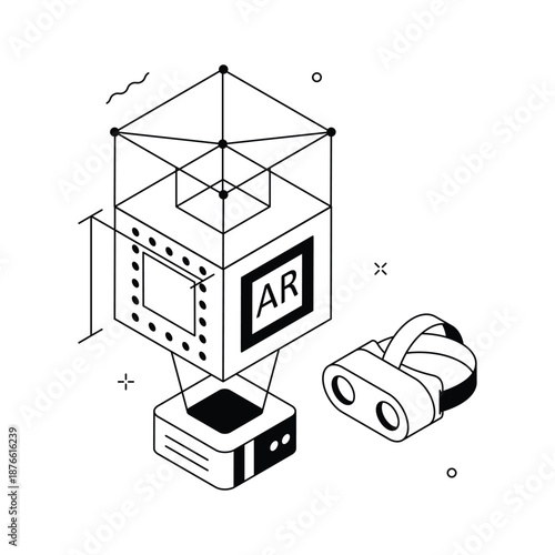 An isometric illustration presenting AR technology and immersive digital systems