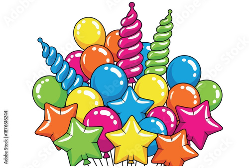 A vibrant assortment of diverse shaped and colored balloons creating a cheerful and celebratory atmosphere perfect for any festive event or special occasion advertisement