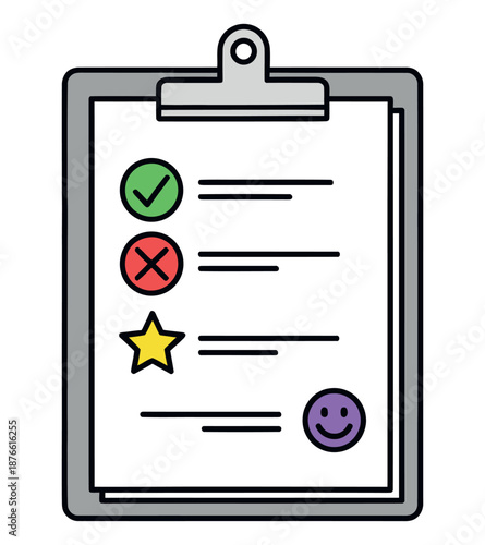 A clipboard holding a checklist document with checkmark, cross, star, and happy face symbols for task completion, project evaluation, feedback collection, or customer satisfaction surveys