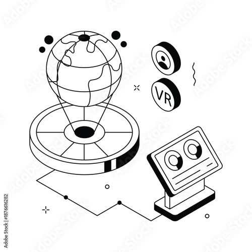 A visually engaging isometric illustration of holographic globe and virtual world